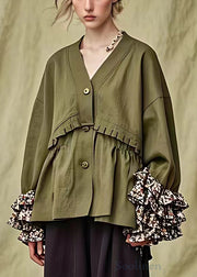 French Army Green Ruffled Button Cotton Coats Fall