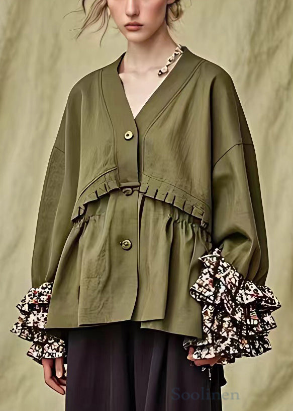 French Army Green Ruffled Button Cotton Coats Fall