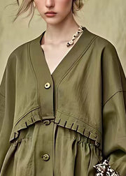 French Army Green Ruffled Button Cotton Coats Fall