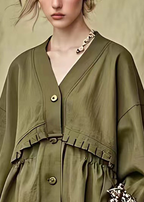 French Army Green Ruffled Button Cotton Coats Fall