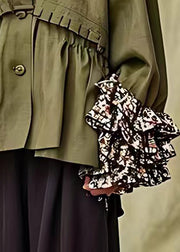 French Army Green Ruffled Button Cotton Coats Fall