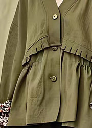 French Army Green Ruffled Button Cotton Coats Fall