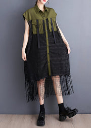 French Army Green Tassel Patchwork Lace Holiday Dress Summer