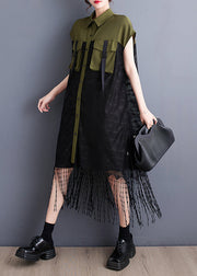 French Army Green Tassel Patchwork Lace Holiday Dress Summer