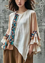 French Beige Asymmetrical Patchwork Cotton Blouses Flare Sleeve