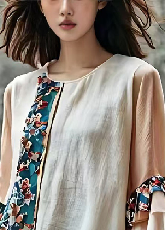 French Beige Asymmetrical Patchwork Cotton Blouses Flare Sleeve