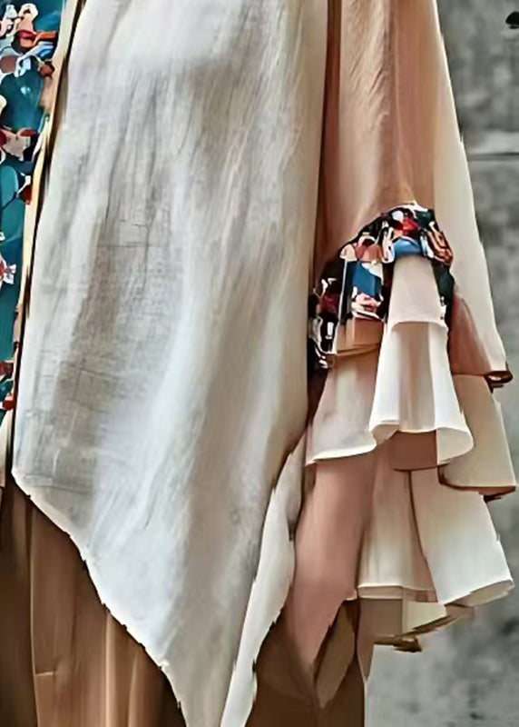 French Beige Asymmetrical Patchwork Cotton Blouses Flare Sleeve