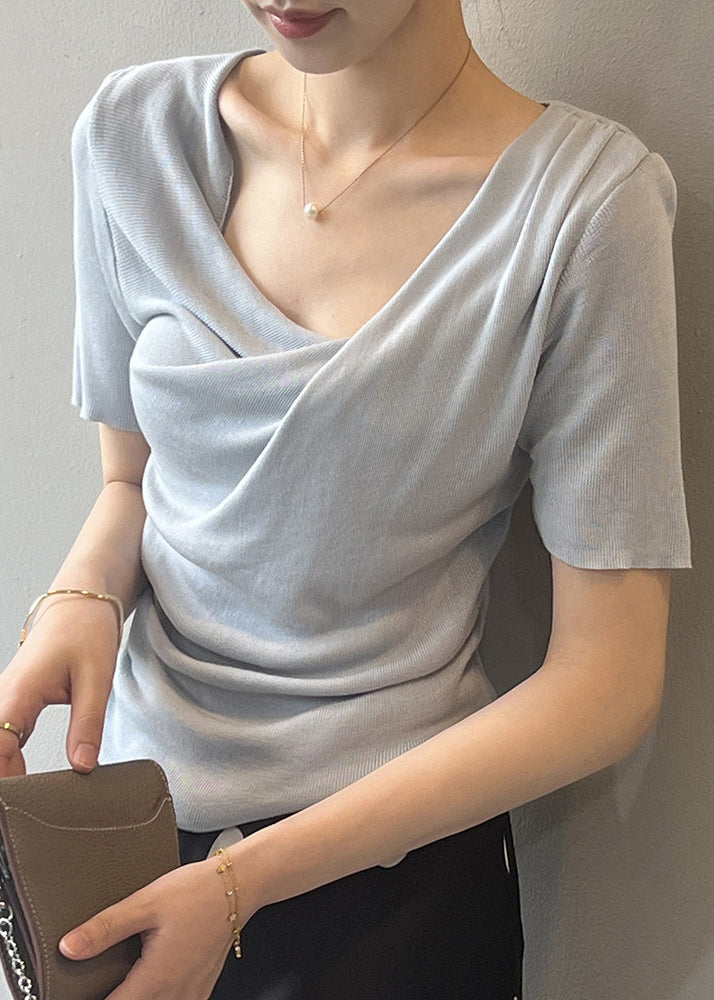 French Beige Asymmetrical Wrinkled Slim Fit Cotton T Shirts Summer