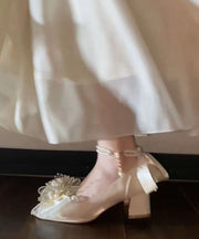 French Beige Bow Pearl Splicing Chunky Heel Shoes