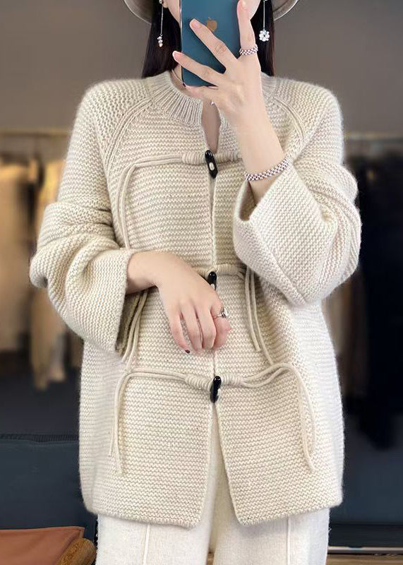 French Beige Button Cozy Woolen Knit Coats Fall