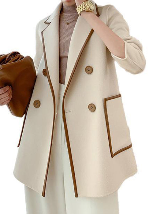 French Beige Button Pockets Patchwork Woolen Coat Fall