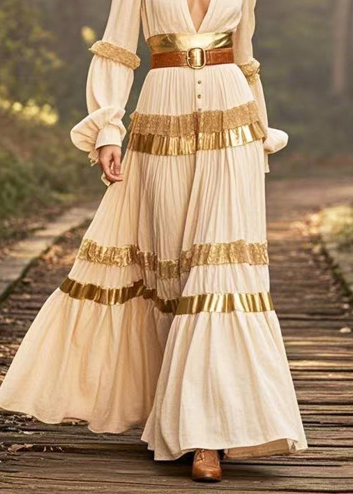 French Beige Deep-V Neck Patchwork Cinched Dresses Lantern Sleeve