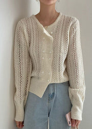 French Beige Double Breast Hollow Out Knit Top Spring