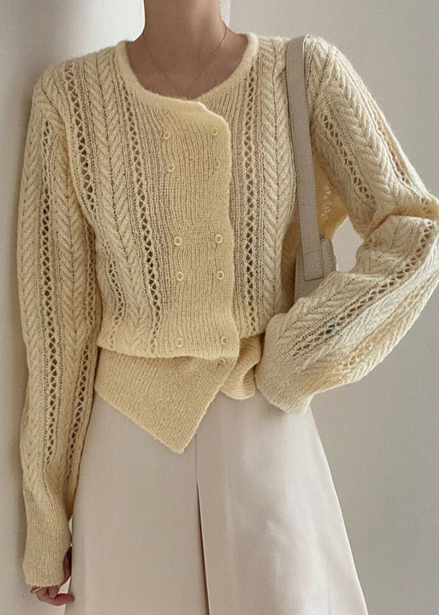 French Beige Double Breast Hollow Out Knit Top Spring