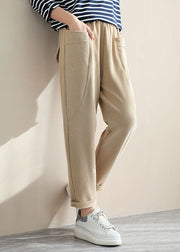 French Beige Elastic Waist Patchwork Cotton Harem Pants Spring