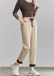 French Beige Elastic Waist Pockets Cotton Crop Pants Spring