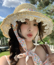 French Beige Flower Lace Hollow Out Straw Woven Sun Hat