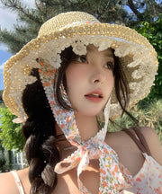 French Beige Flower Lace Hollow Out Straw Woven Sun Hat