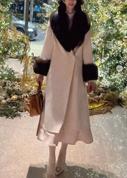 French Beige Fox Collar Woolen Long Coats Winter