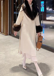 French Beige Fox Collar Woolen Long Coats Winter