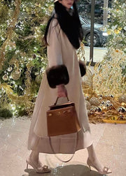 French Beige Fox Collar Woolen Long Coats Winter