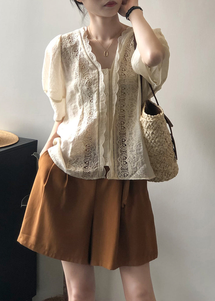 French Beige Hollow Out Embroidered Puff Sleeve Cotton Blouses