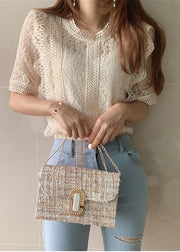 French Beige Hollow Out Patchwork Lace Top Summer