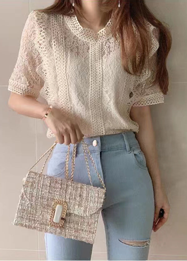 French Beige Hollow Out Patchwork Lace Top Summer