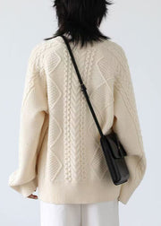 French Beige O Neck Button Cable Knit Coats Spring