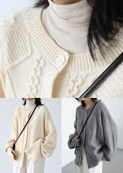 French Beige O Neck Button Cable Knit Coats Spring