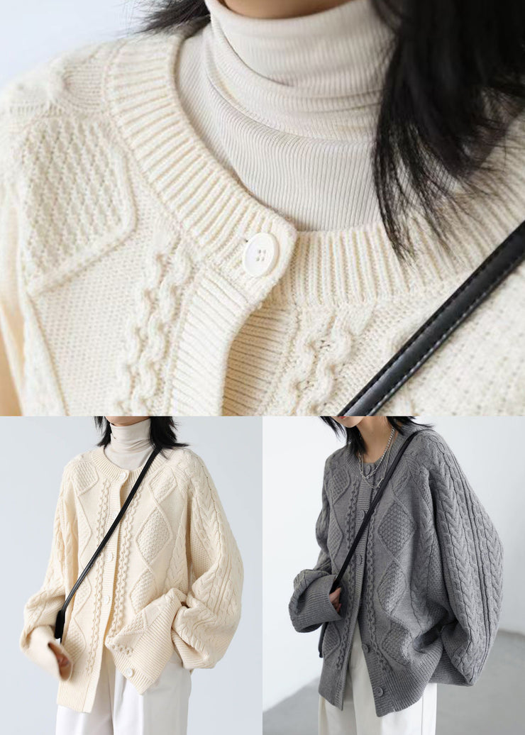 French Beige O Neck Button Cable Knit Coats Spring