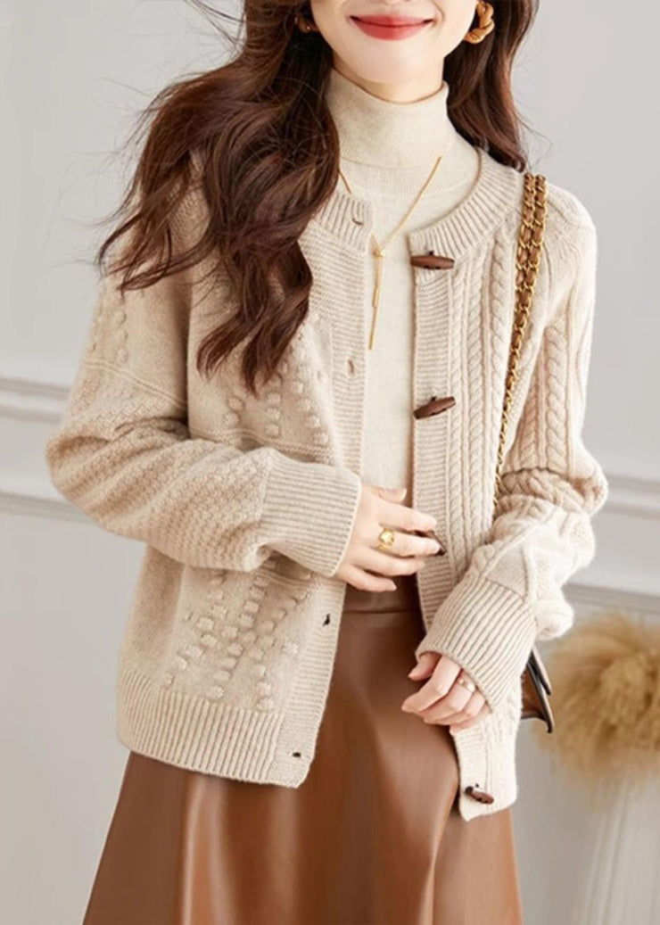 French Beige O Neck Button Cozy Knit Cardigan Fall