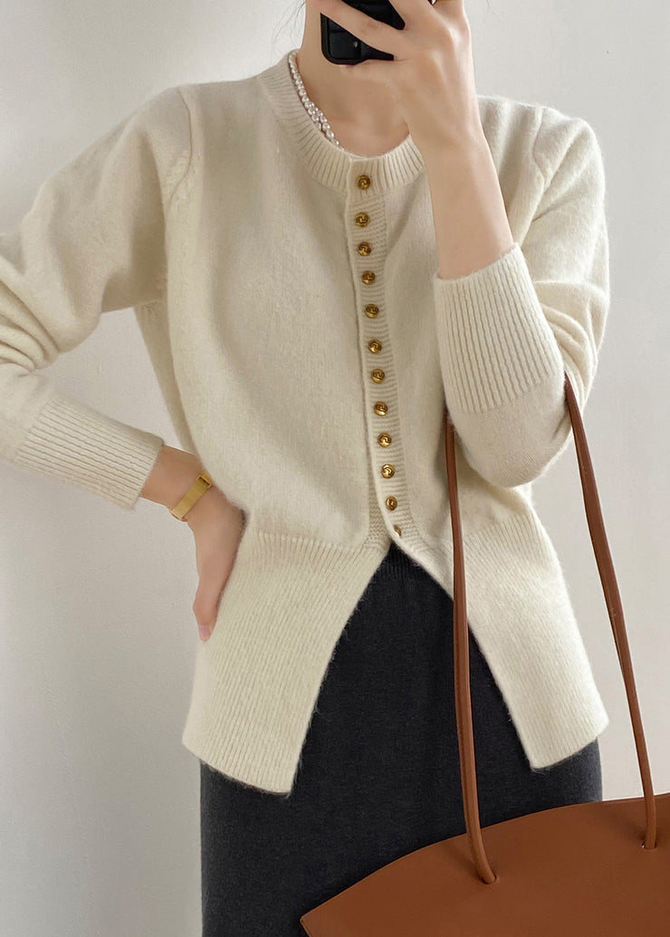 French Beige O Neck Button Knit Cardigan Top Spring