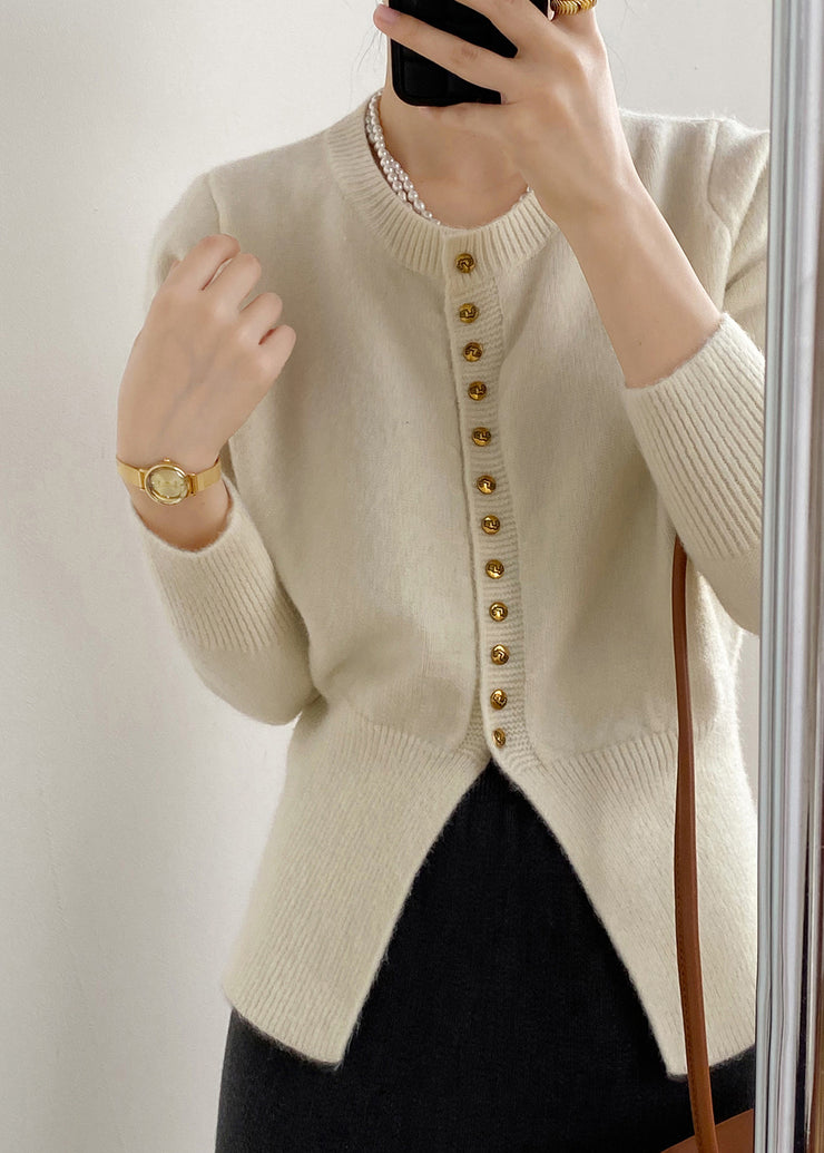 French Beige O Neck Button Knit Cardigan Top Fall