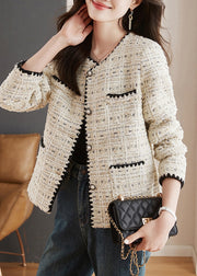 French Beige O Neck Button Pockets Cotton Coats Spring