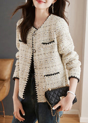 French Beige O Neck Button Pockets Cotton Coats Spring