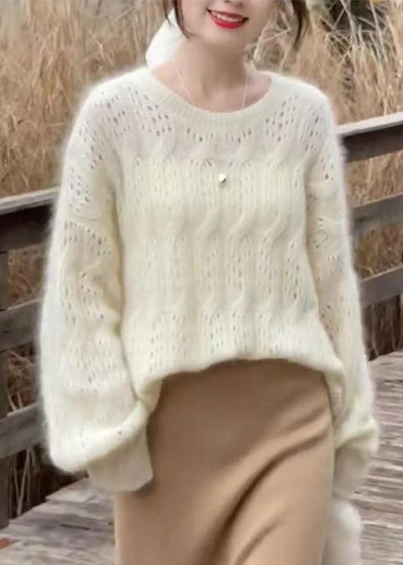 French Beige O Neck Hollow Out Woolen Knit Sweaters Spring