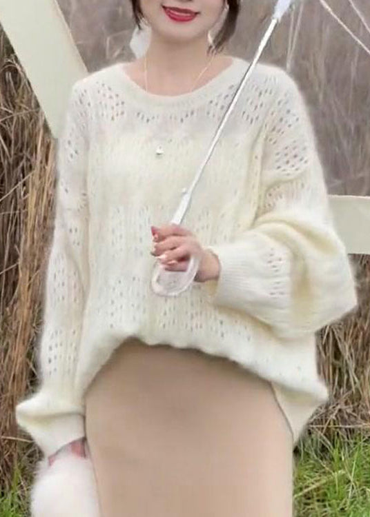 French Beige O Neck Hollow Out Woolen Knit Sweaters Spring