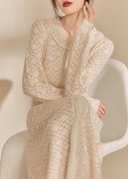 French Beige O Neck Jacquard Knitted Dress Fall