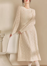 French Beige O Neck Jacquard Knitted Dress Spring