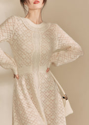 French Beige O Neck Jacquard Knitted Dress Spring