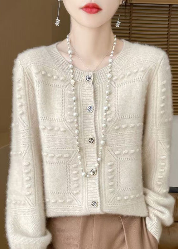 French Beige O Neck Jacquard Wool Cardigan Spring