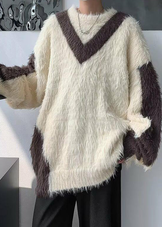 French Beige O-Neck Patchwork Mink Velvet Men Sweater Winter