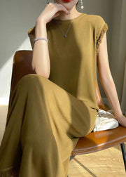 French Beige O-Neck Tasseled Ice Silk Knit Dress Sleeveless