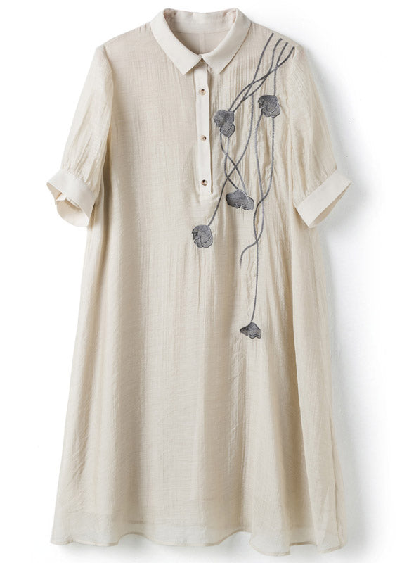 French Beige Peter Pan Collar Embroideried Button Long Dress Summer