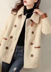 French Beige Peter Pan Collar Pockets Patchwork Faux Fur Coat Fall