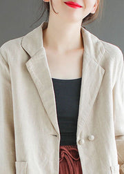 French Beige Peter Pan Collar Pockets Slim Fit Linen Coats Spring