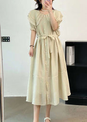 French Beige Peter Pan Collar Wrinkled Cotton Dresses Summer
