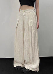 French Beige Pockets High WaistPatchwork Linen Wide Leg Pants Fall