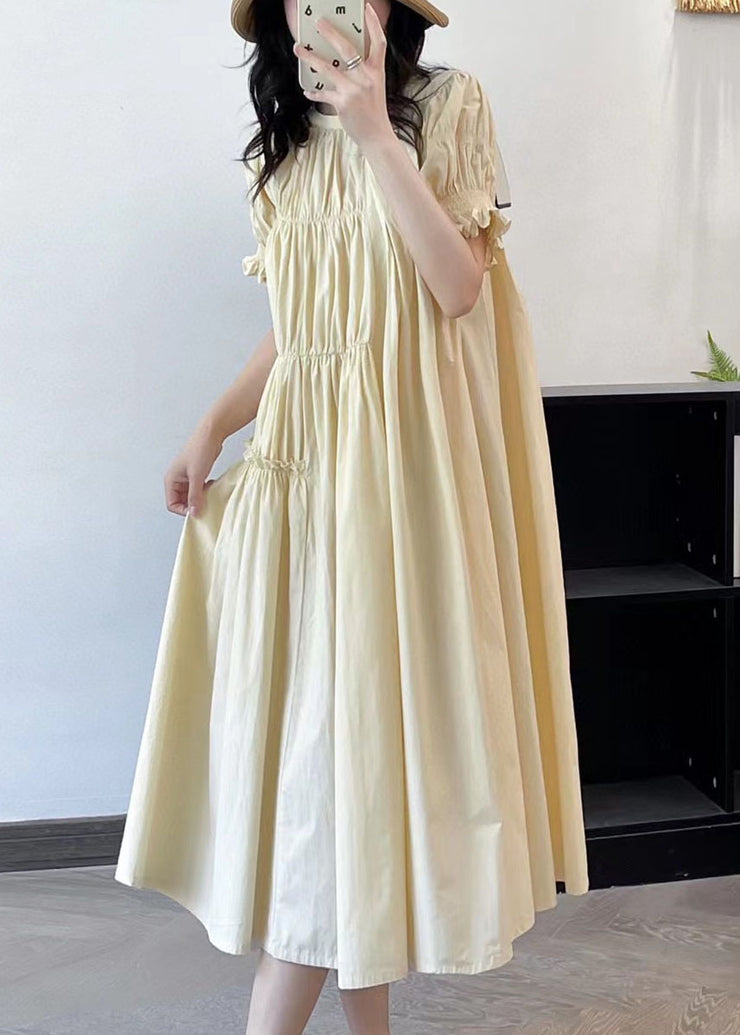 French Beige Ruffled Asymmetrical Patchwork Cotton Long Dresses Summer